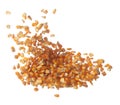 Corn dried seed grain fly in mid air. Yellow Golden corn seed falling scatter, explosion float in shape form line group. White
