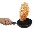 Corn dried seed grain fly in pan popcorn. Yellow Golden corn seed falling scatter, explosion float in shape form line group. White Royalty Free Stock Photo