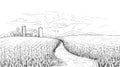 Corn field. Hand drawn agricultural engraving with summer and autumn maize cobs. Farm house and silos. Black and white