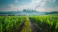 A corn field with smokestacks in the background