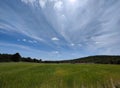 Corn field under blue sky with dynamic storm clouds landscape Royalty Free Stock Photo