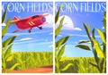 Corn fields posters with plants and red airplane