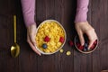 Corn flakes with berries in bowl Royalty Free Stock Photo