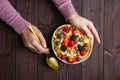 Corn flakes with berries in bowl Royalty Free Stock Photo