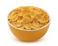 Corn flakes, bowl of cereal breakfast on white background, full depth of field