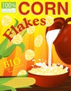 Corn flakes in a bowl. Milk pouring from the jug a plate. Label