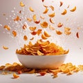 Corn flakes breakfast cereal with fresh milk, dynamic splash food photography Royalty Free Stock Photo