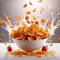 Corn flakes breakfast cereal with fresh milk, dynamic splash food photography Royalty Free Stock Photo