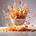 Corn flakes breakfast cereal with fresh milk, dynamic splash food photography Royalty Free Stock Photo