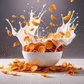 Corn flakes breakfast cereal with fresh milk, dynamic splash food photography Royalty Free Stock Photo