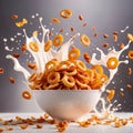 Corn flakes breakfast cereal with fresh milk, dynamic splash food photography Royalty Free Stock Photo