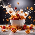 Corn flakes breakfast cereal with fresh milk, dynamic splash food photography Royalty Free Stock Photo