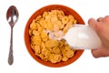 Corn flakes fill in with milk on a white background Royalty Free Stock Photo