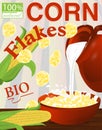 Corn flakes label. Milk pouring from the jug a plate. Vector Royalty Free Stock Photo