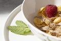 corn flakes with milk and raspberries in white bowl. Selective focus Royalty Free Stock Photo