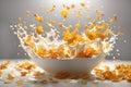 corn flakes with milk splash isolated on white background. ai generative Royalty Free Stock Photo