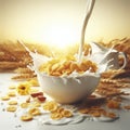 corn flakes with milk splash isolated on white background. ai generative Royalty Free Stock Photo