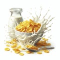 corn flakes with milk splash isolated on white background. ai generative Royalty Free Stock Photo