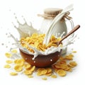 corn flakes with milk splash isolated on white background. ai generative Royalty Free Stock Photo