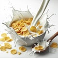 corn flakes with milk splash isolated on white background. ai generative Royalty Free Stock Photo