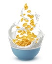 Corn flakes with milk splash isolated on white background Royalty Free Stock Photo