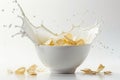 Corn flakes with milk splash in white bowl for a healthy breakfast on white background Royalty Free Stock Photo