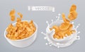 Corn flakes and milk splashes. 3d vector icon set