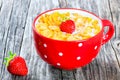 Corn flakes with milk and strawberries, close-up Royalty Free Stock Photo