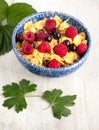 Corn flakes with raspberrys and currants