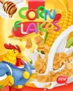 Corn flakes, rooster mascot. Honey and milk splashes. 3d vector, package design