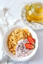 Corn flakes, yogurt, strawberries and chia seeds Royalty Free Stock Photo