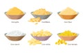 Corn food, products made from maize, corn grits, cornflakes, flour, starch, corn sticks, kernels in bowls - set of Royalty Free Stock Photo