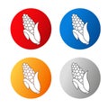 Corn free symbols on white background. Silhouettes maize in a circle button. Red, blue, orange and silver icon.