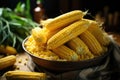 Corn grains with ears on the wooden table, flat Royalty Free Stock Photo