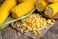 Corn grains on paper with tasty, ripe ears of corn, isolated on Royalty Free Stock Photo