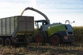 Corn harvest, corn forage harvester in action, harvest truck with tractor