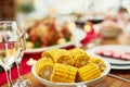 Corn, healthy and lunch on a table for a celebration, Christmas and nutrition in a house. Food, holiday and dinner in Royalty Free Stock Photo