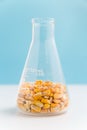 Corn kernels in an erlenmeyer flask on blue