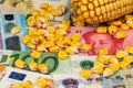 Corn kernels on Euro and China Yuan currency banknotes. Commodity Trading Concept. Corn Prices Royalty Free Stock Photo