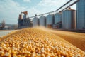 Corn kernels moving on conveyor belt into storage silos Royalty Free Stock Photo