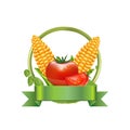 Corn and leaves with tomato and green ribbon isolated