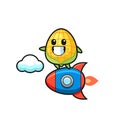 Corn mascot character riding a rocket