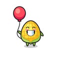 Corn mascot illustration is playing balloon