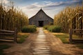 a corn maze path leading to a rustic wooden barn Royalty Free Stock Photo