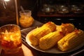 corn with melted butter glaze under warm kitchen lights