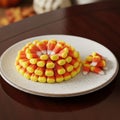 Corn is neatly arranged on a speckled, light-colored plate resting on a Royalty Free Stock Photo