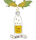 Corn oil in bottle. Drops of corn oil. Vector hand drawn illustration isolated on white