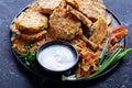 Corn pancakes with fried banana and bacon Royalty Free Stock Photo