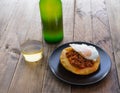 Corn pancakes with picadillo and fried egg. Copy space