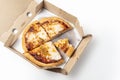 Corn pizza in a cardboard open delivery box on a white background. Top view Royalty Free Stock Photo